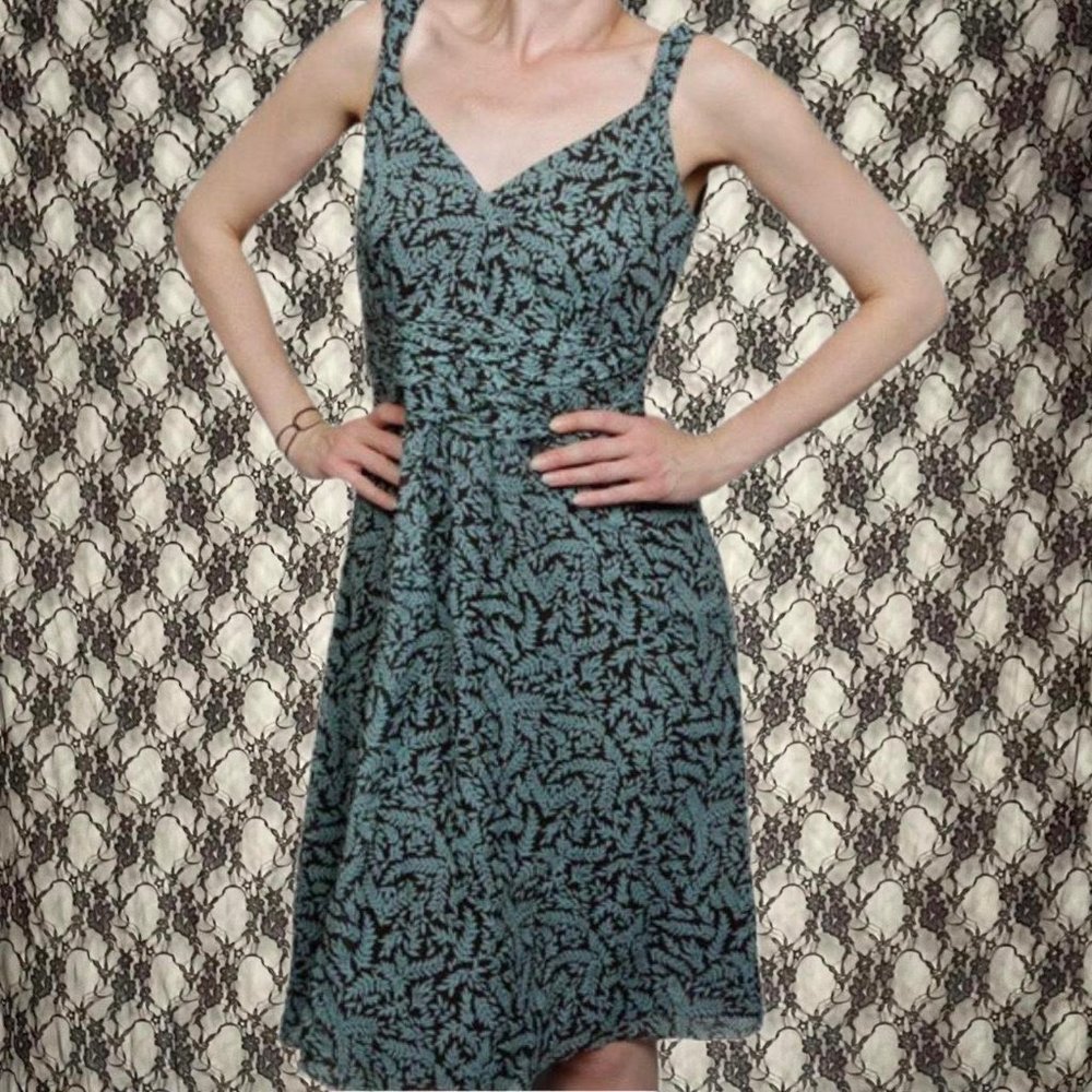 silk ann taylor black & teal sleeveless a line sun dress with leaves